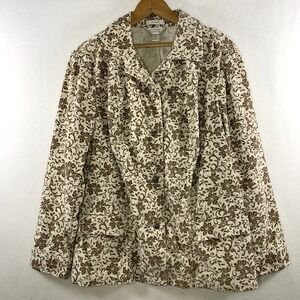 Womens Floral Corduroy Shacket Button Top 1X Cream Brown Boho Cottagecore